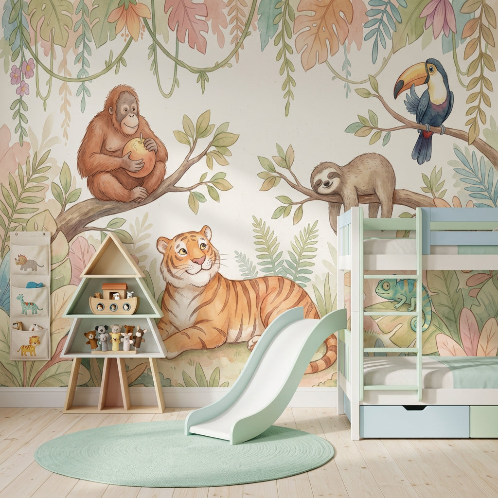 Tropical Jungle Wallpaper Watercolor Animals Pastel Foliage Removable Wall Decor