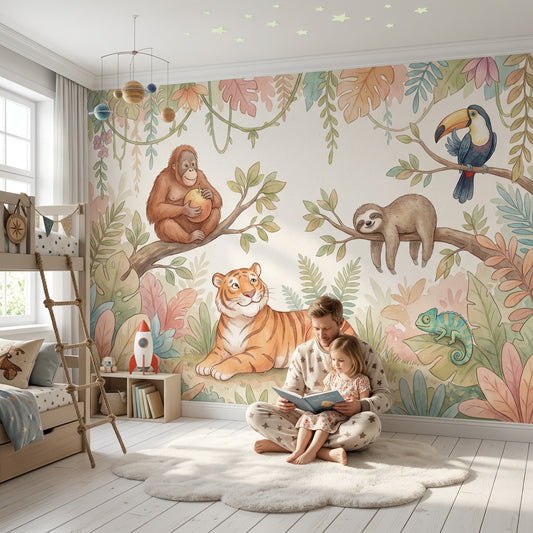 Tropical Jungle Wallpaper Watercolor Animals Pastel Foliage Removable Wall Decor