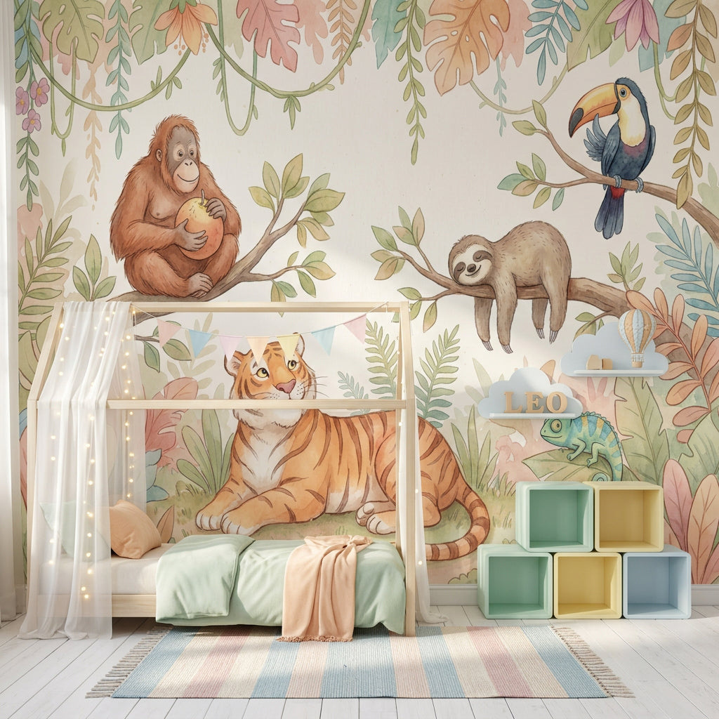 Tropical Jungle Wallpaper Watercolor Animals Pastel Foliage Removable Wall Decor