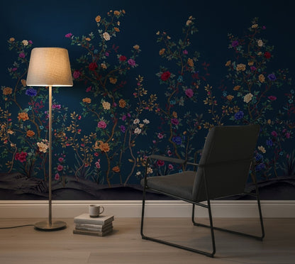 Chinoiserie Inspired Wallpaper Dark Navy Background Elegant Vintage Wall Mural