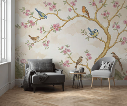 Cherry Blossoms Wallpaper Floral Branches Songbirds Wall Mural