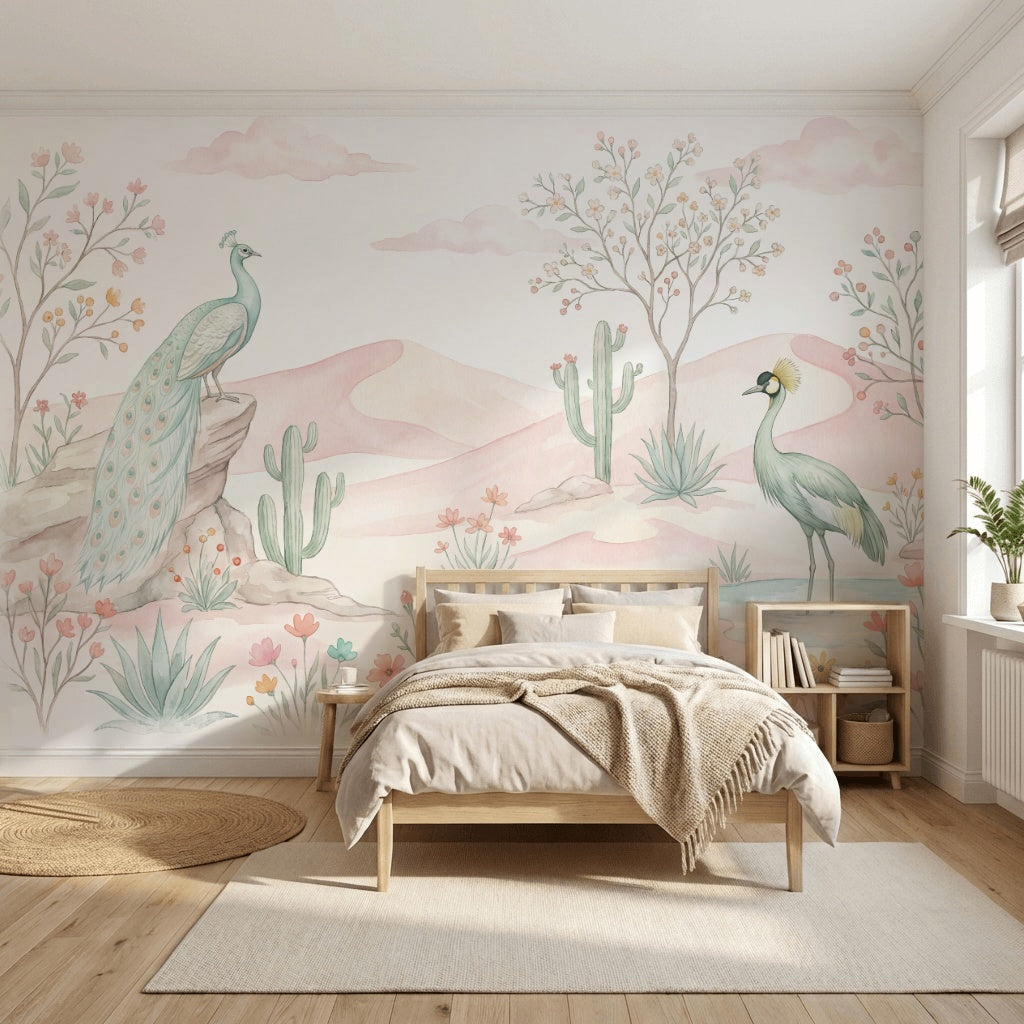 Pastel Desert Landscape Wallpaper Watercolor Pink Dunes Removable Wall Decor