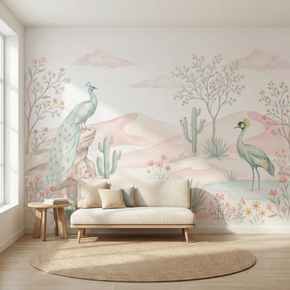 Pastel Desert Landscape Wallpaper Watercolor Pink Dunes Removable Wall Decor