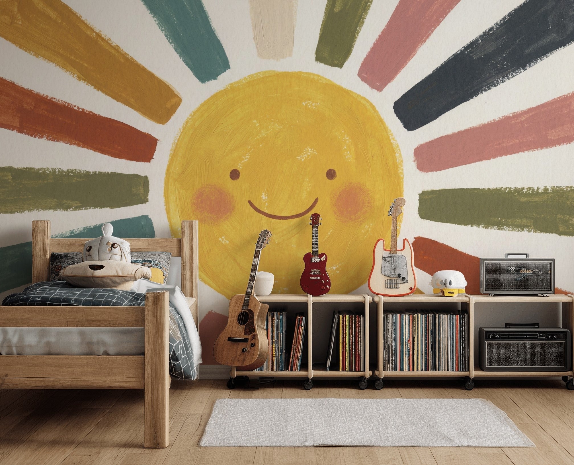 Smiling Sun Wallpaper Starburst Rays Hand Painted Wall Mural