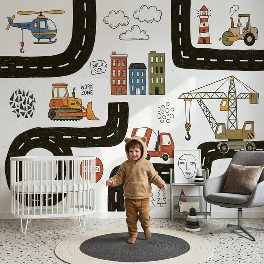 White Background Wallpaper Construction Vehicles Kids Road Map Removable Wall Decor