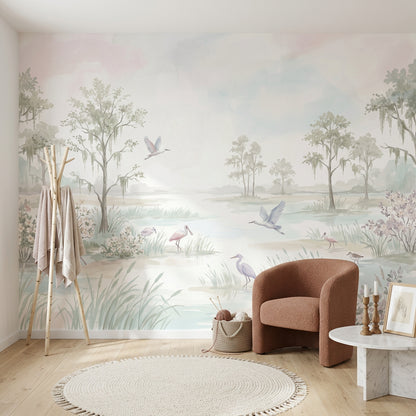 Pastel Marsh Wallpaper Watercolor Landscape Wading Birds Wall Mural