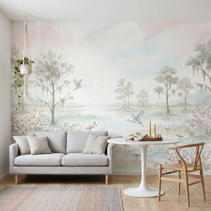 Pastel Marsh Wallpaper Watercolor Landscape Wading Birds Wall Mural