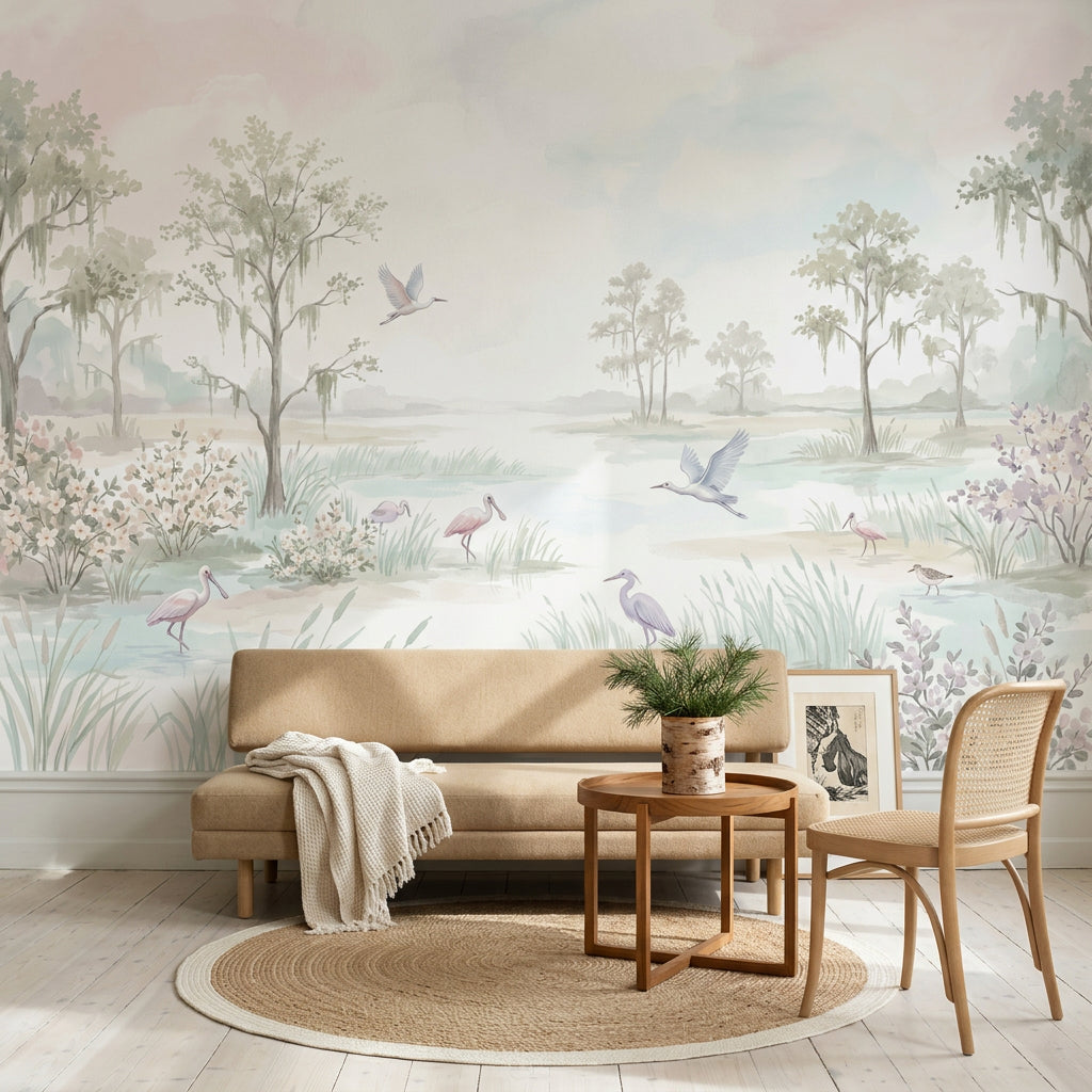 Pastel Marsh Wallpaper Watercolor Landscape Wading Birds Wall Mural