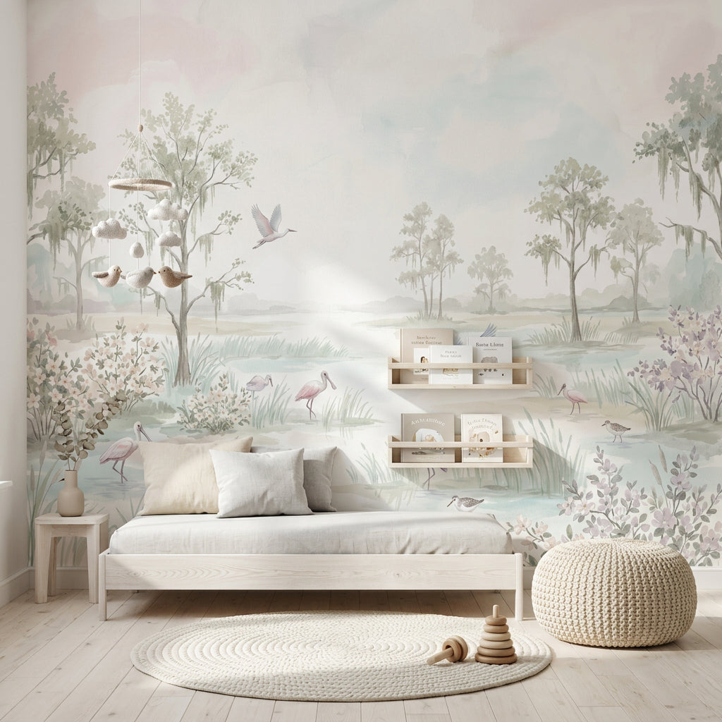 Pastel Marsh Wallpaper Watercolor Landscape Wading Birds Wall Mural