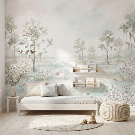 Pastel Marsh Wallpaper Watercolor Landscape Wading Birds Wall Mural