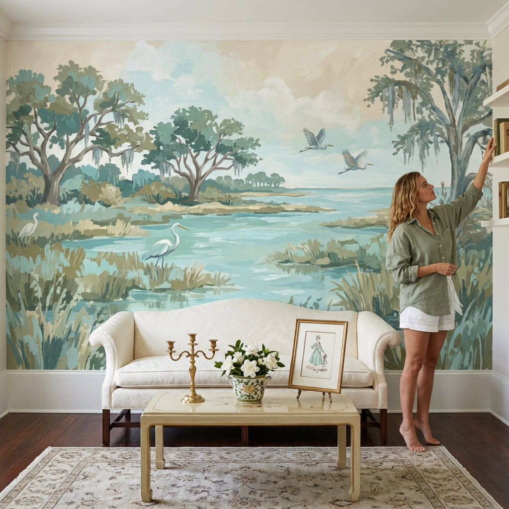 Coastal Marsh Wallpaper Wetlands Removable Egrets Wall Decor