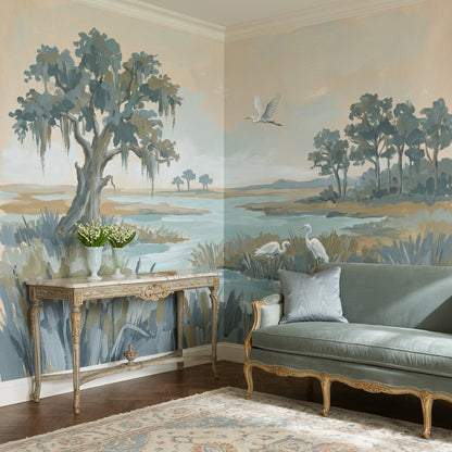 Coastal Marsh Wallpaper Wetland Landscape Egrets Removable Wall Decor