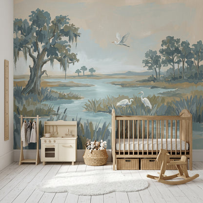 Coastal Marsh Wallpaper Wetland Landscape Egrets Removable Wall Decor
