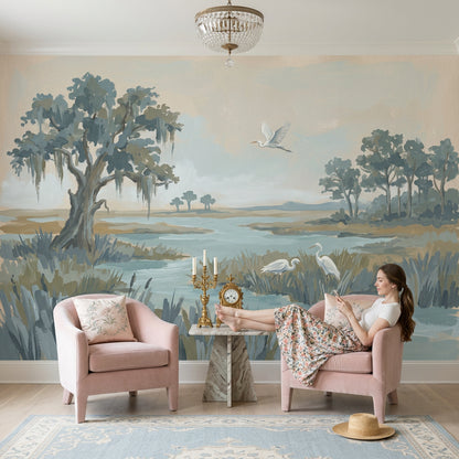 Coastal Marsh Wallpaper Wetland Landscape Egrets Removable Wall Decor