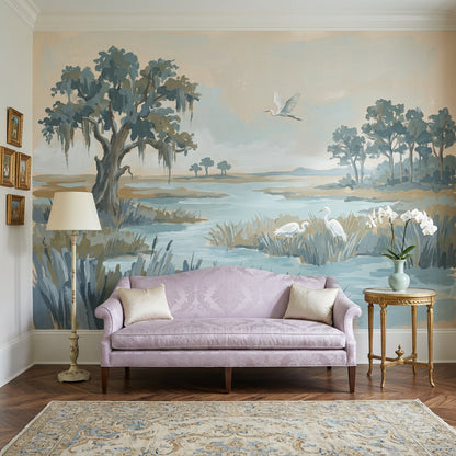 Coastal Marsh Wallpaper Wetland Landscape Egrets Removable Wall Decor