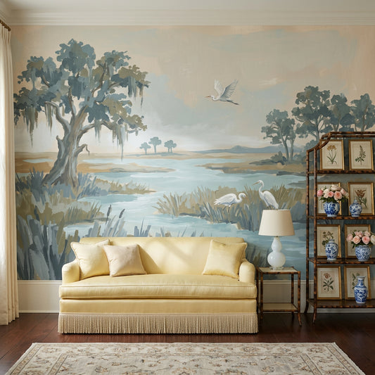 Coastal Marsh Wallpaper Wetland Landscape Egrets Removable Wall Decor