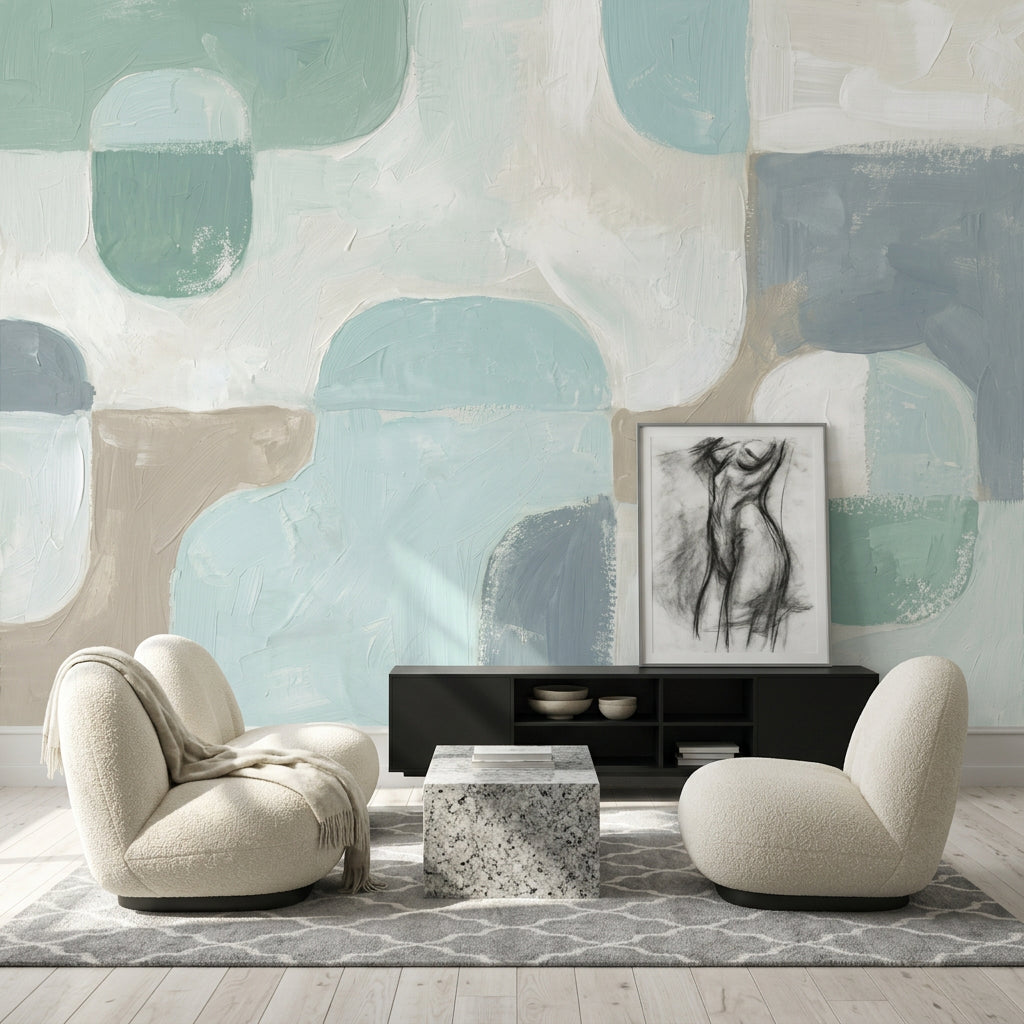 Abstract Wallpaper Geometric Shapes Soft Pastel Blue Wall Mural