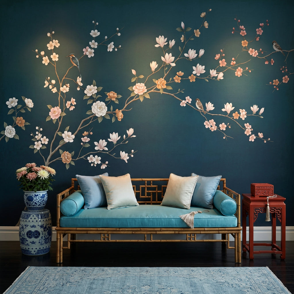 Muted Green Wallpaper Chinoiserie Removable Floral Wall Decor