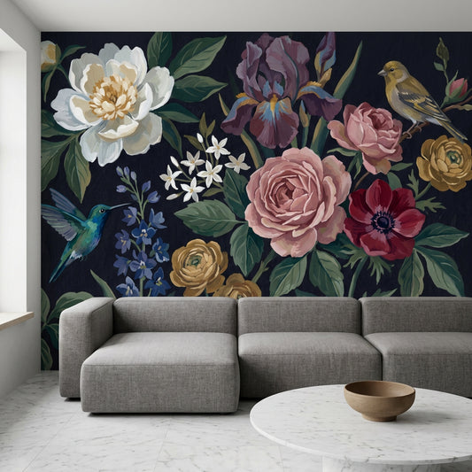 Dark Floral Wallpaper Muted Green Wall Mural