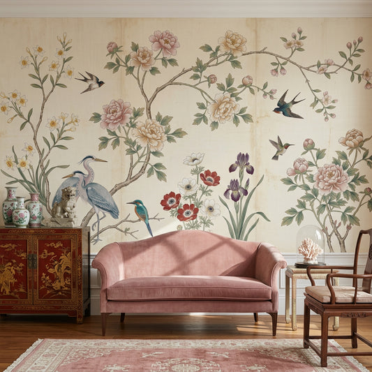 Muted Green Wallpaper Botanical Removable Chinoiserie Wall Decor