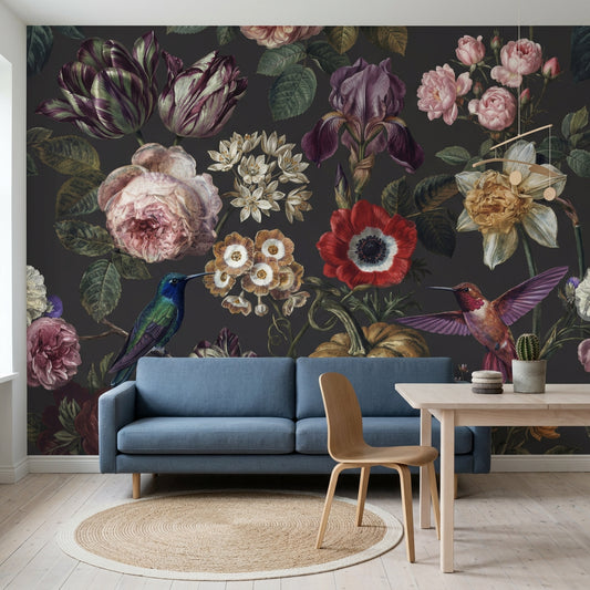 Dark Botanical Wallpaper Vintage Floral Hummingbirds Removable Wall Decor