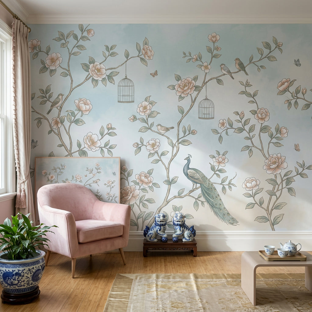 Chinoiserie Inspired Wallpaper Floral Branches Peacock Wall Mural