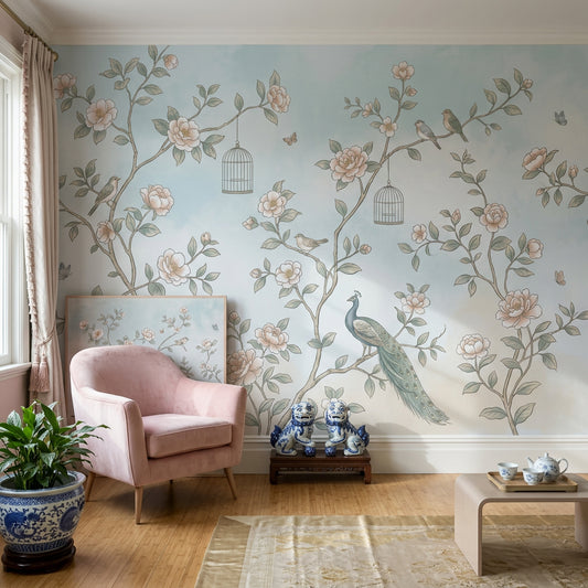 Chinoiserie Inspired Wallpaper Floral Branches Peacock Wall Mural