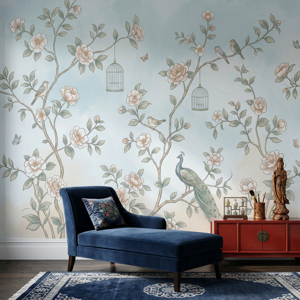 Chinoiserie Inspired Wallpaper Floral Branches Peacock Wall Mural