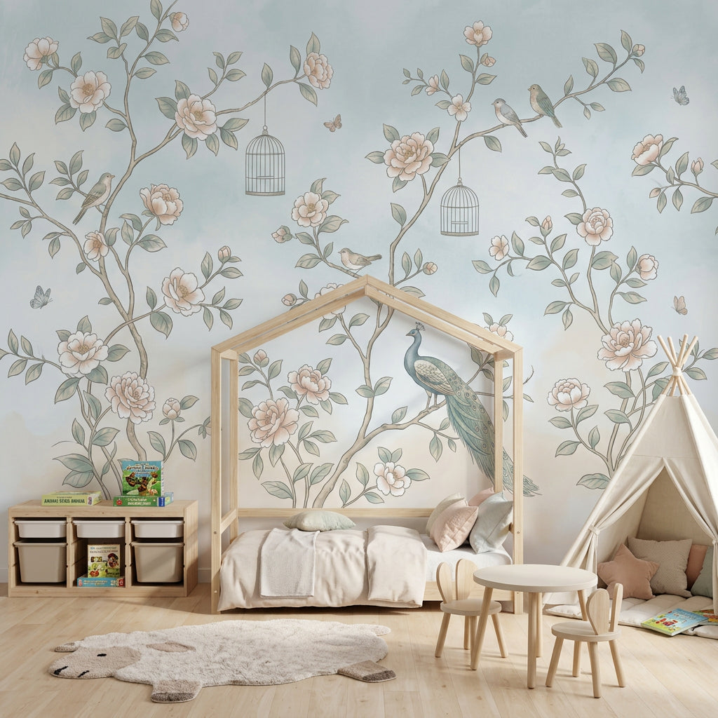 Chinoiserie Inspired Wallpaper Floral Branches Peacock Wall Mural