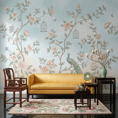 Chinoiserie Inspired Wallpaper Floral Branches Peacock Wall Mural