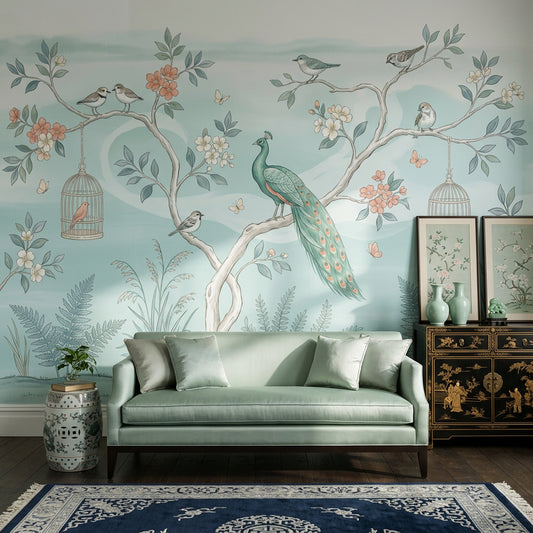 Peacock Wallpaper Birds On Branches Removable Blossoms Wall Decor