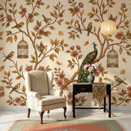 Muted Green Wallpaper Vintage Peacock Removable Wall Decor