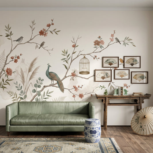 Oriental Inspired Wallpaper Floral Branches Watercolor Removable Wall Decor