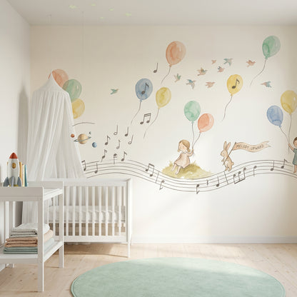 Pastel Balloons Wallpaper Musical Notes Removable Whimsical Nursery Wall Decor