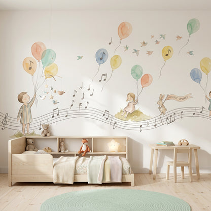 Pastel Balloons Wallpaper Musical Notes Removable Whimsical Nursery Wall Decor