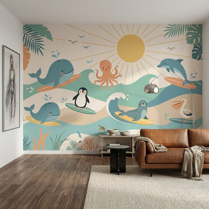 White Background Wallpaper Ocean Animals Pastel Removable Wall Decor