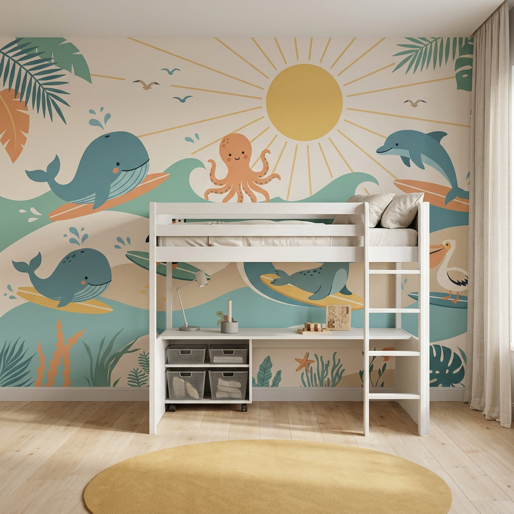 White Background Wallpaper Ocean Animals Pastel Removable Wall Decor