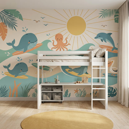 White Background Wallpaper Ocean Animals Pastel Removable Wall Decor