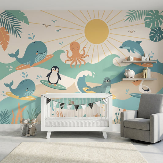 White Background Wallpaper Ocean Animals Pastel Removable Wall Decor