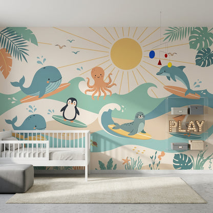 White Background Wallpaper Ocean Animals Pastel Removable Wall Decor