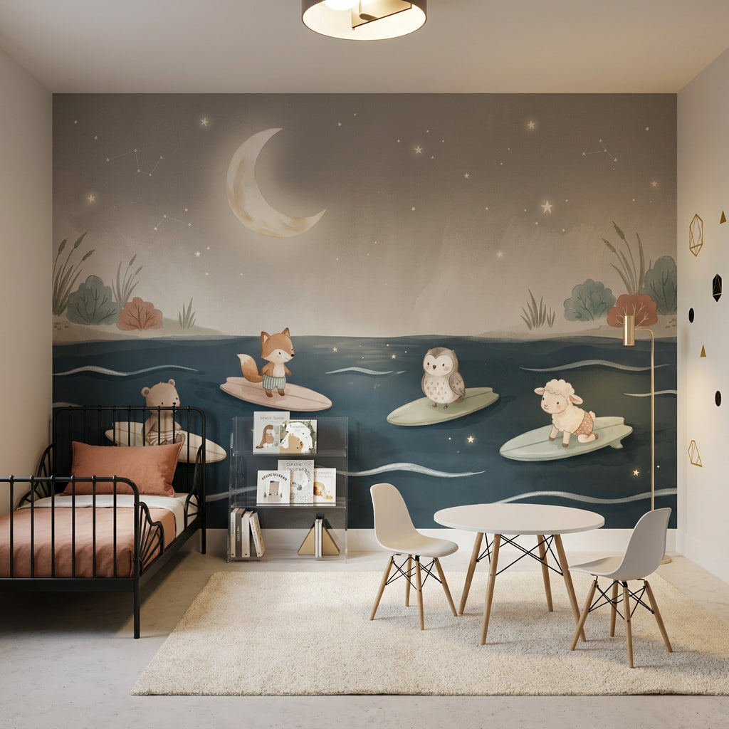 Muted Green Wallpaper Night Sky Ocean Wall Mural