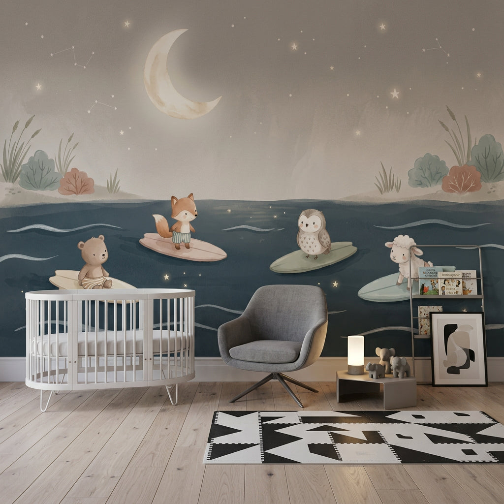 Muted Green Wallpaper Night Sky Ocean Wall Mural