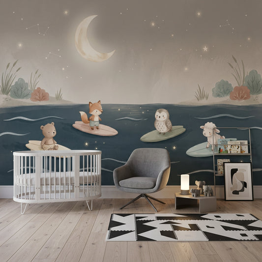 Muted Green Wallpaper Night Sky Ocean Wall Mural