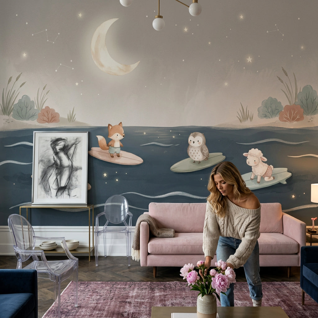 Muted Green Wallpaper Night Sky Ocean Wall Mural