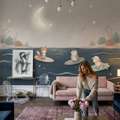 Muted Green Wallpaper Night Sky Ocean Wall Mural