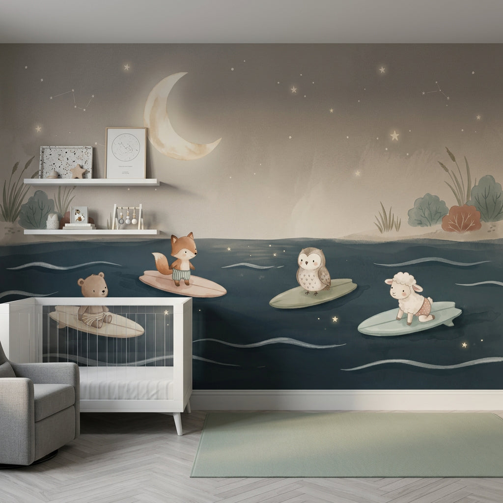 Muted Green Wallpaper Night Sky Ocean Wall Mural