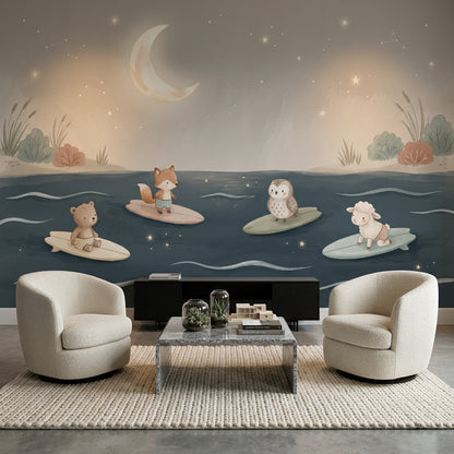 Muted Green Wallpaper Night Sky Ocean Wall Mural