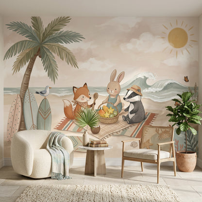 Beach Picnic Wallpaper Cute Animals Removable Coastal Wall Decor