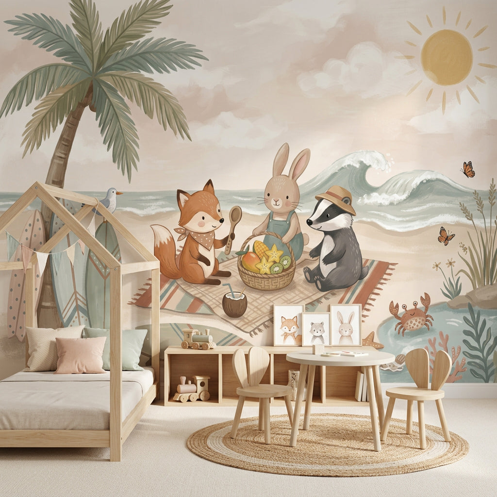 Beach Picnic Wallpaper Cute Animals Removable Coastal Wall Decor