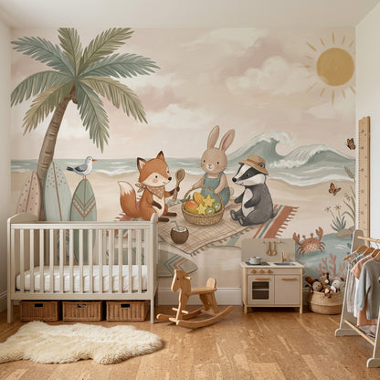 Beach Picnic Wallpaper Cute Animals Removable Coastal Wall Decor